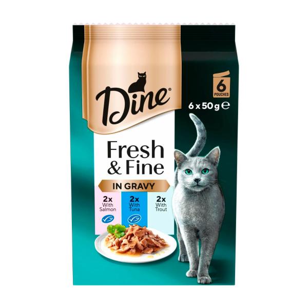 Fresh & Fine Chunks In Gravy With Salmon Tuna & Trout Cat Food Pouch 6x50g