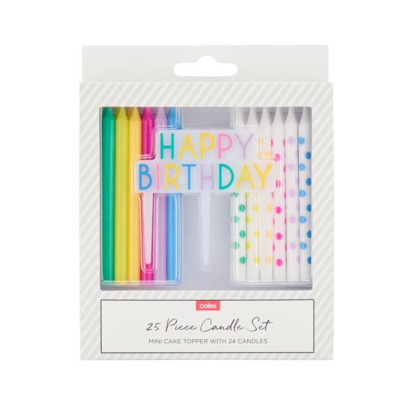 25 Piece Coloured Candle Set With Mini Cake Topper
