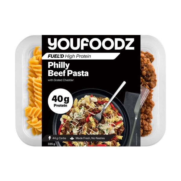 Fueld Philly Beef Pasta With Grated Cheddar