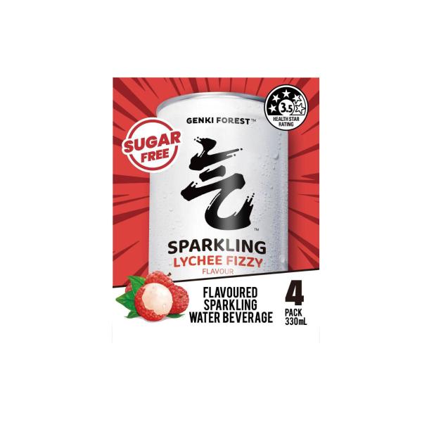 Sugar Free Sparkling Water Lychee Fizzy 330mL x 4 Pack
