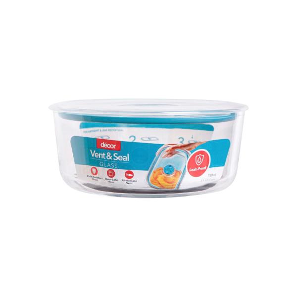 Vent & Seal Glass Leak Proof Round Container 750mL