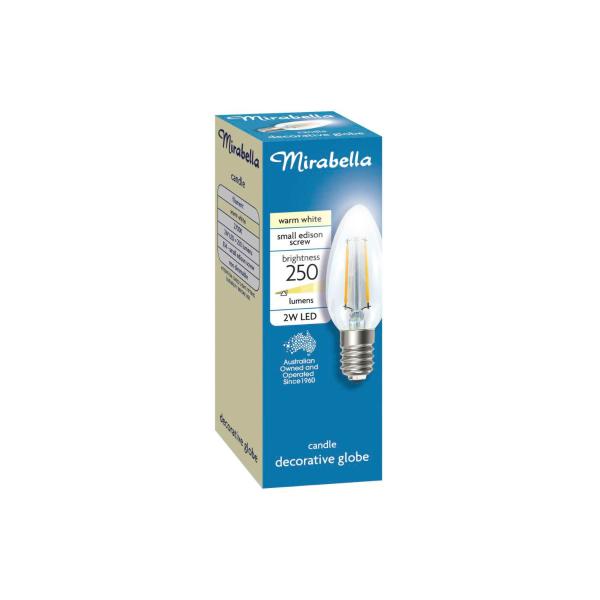 Globe Led Small Edison Screw Candle Clear 2 Watt 250 Lumens Warm White