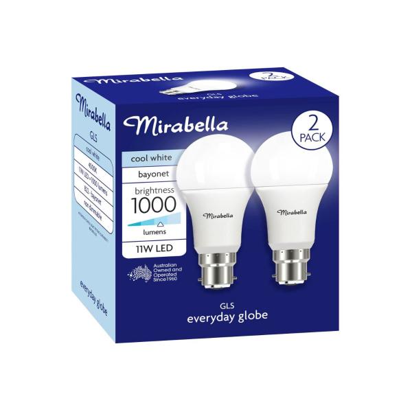 Led 2pk Gls BC 11w 1000lum 4000k Cool White Brand A60