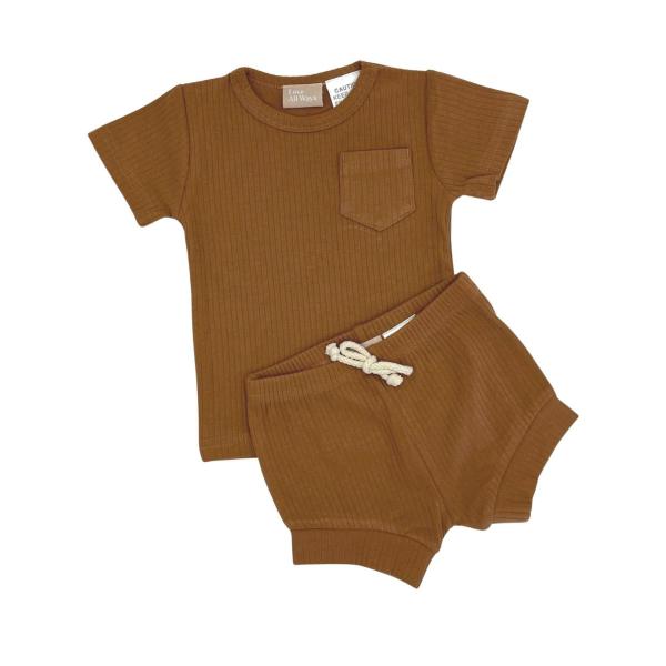 Short Sleeve Ribbed Lounge Set - Iced Latte - 3-6 Months
