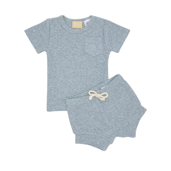 Short Sleeve Ribbed Lounge Set - Cloud Grey - 3-6 Months
