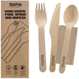 BioPak Wooden Cutlery With Napkin Set each