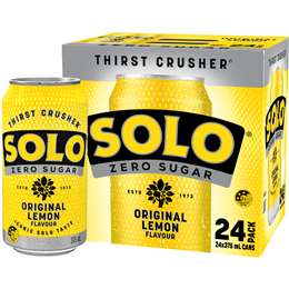 Solo Zero Sugar Original Lemon Soft Drink Cans 375mL x 24 pack
