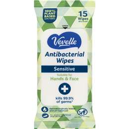 Vevelle Antibacterial Hand & Face Wipes Sensitive 15 pack