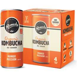Remedy Organic Kombucha Mango Passion Cans 250mL x 4 pack