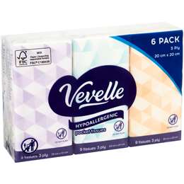Vevelle 3 Ply 9 Sheets Hypoallergenic Facial Tissues 6 Pack