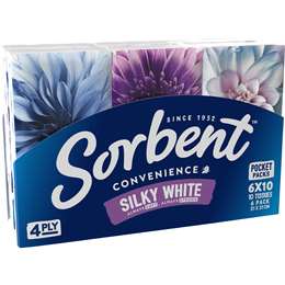Sorbent Facial Tissues 4Ply Pocket 6 pack