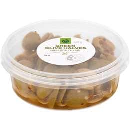 Woolworths Herb Green Olives Halves 120g