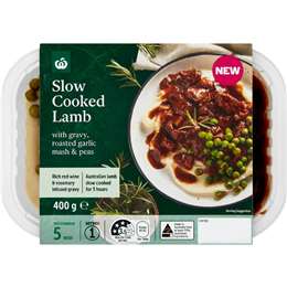 Woolworths Slow Cooked Lamb With Gravy Roasted Garlic Mash & Peas 400g