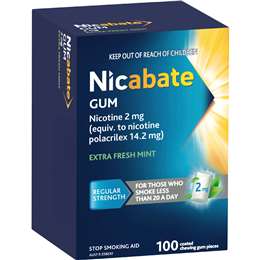 Nicabate Quit Smoking Chewing Gum Regular Strength 2mg Nicotine 100 pack