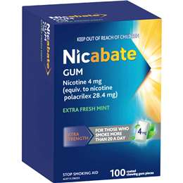 Nicabate Quit Smoking Chewing Gum Extra Strength 4mg Nicotine 100 pack