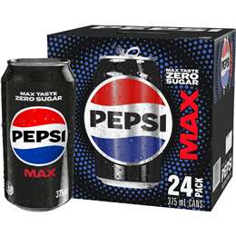 Pepsi Max No Sugar Soft Drink Cans 375mL x 24 pack