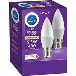 Olsent LED Candle Globe Bc 5.5W 480Lm Warm White 2 pack