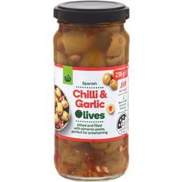 Woolworths Chilli & Garlic Spanish Green Olives 230g