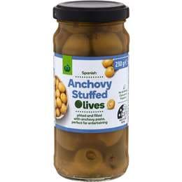 Woolworths Anchovy Stuffed Green Mediterranean Olives 230g