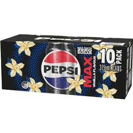 Pepsi Max No Sugar Vanilla Soft Drink Cans 375mL x 10 pack