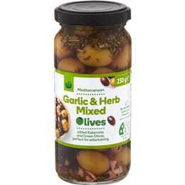 Woolworths Garlic & Herb Mixed Mediterranean Olives 230g