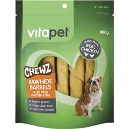 Vita Pet Rawhide Barrels Filled With Chicken Liver Dog Treats 400g