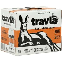 Travla Mid Strength Lager Cans 375mL x 30 pack