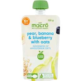 Macro Baby Food Pouch Pear Banana Blueberry & Oats 120g