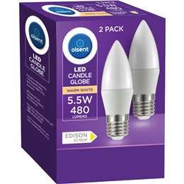 Olsent LED Candle Globe Es 5.5W 480Lm Warm White 2 pack