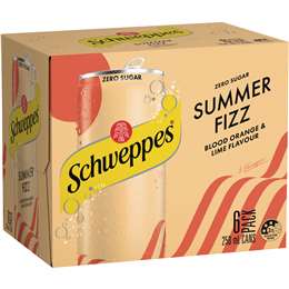 Schweppes Summer Fizz Blood Orange Lime No Sugar Mixer Soft Drink 250mL x 6 pack