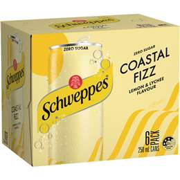 Schweppes Coastal Fizz Lemon Lychee Mini Can No Sugar Mixer Soft Drink 250mL x 6 pack