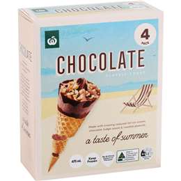 Woolworths Chocolate Classic Cones 475mL 4 pack
