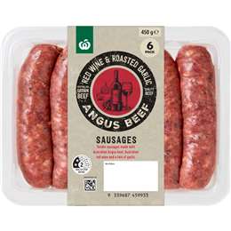 Woolworths 6 Red Wine & Roast Garlic Angus Beef Sausages 450g