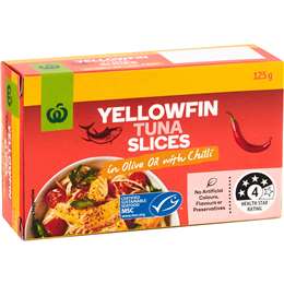 Woolworths Yellowfin Tuna Slices In Olive Oil With Chilli 125g