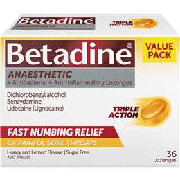 Betadine Sore Throat Lozenges Anaesthetic Honey & Lemon 36 pack