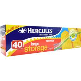 Hercules Twin Zip Resealable Storage Bags Large 40 pack