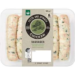 Woolworths Fetta & Spinach Chicken Sausages 500g