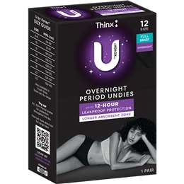 U by Kotex Thinx Period Undies Overnight Briefs Size 12 each