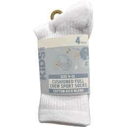 For Kids Full Crew Cushioned Sports Socks Size 9-12 4 pack